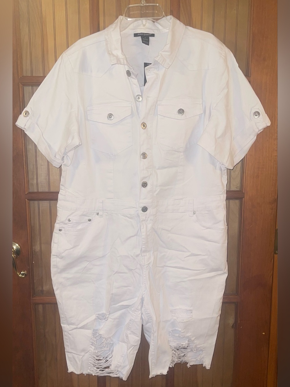White Short Sleeve Distressed Denim Romper